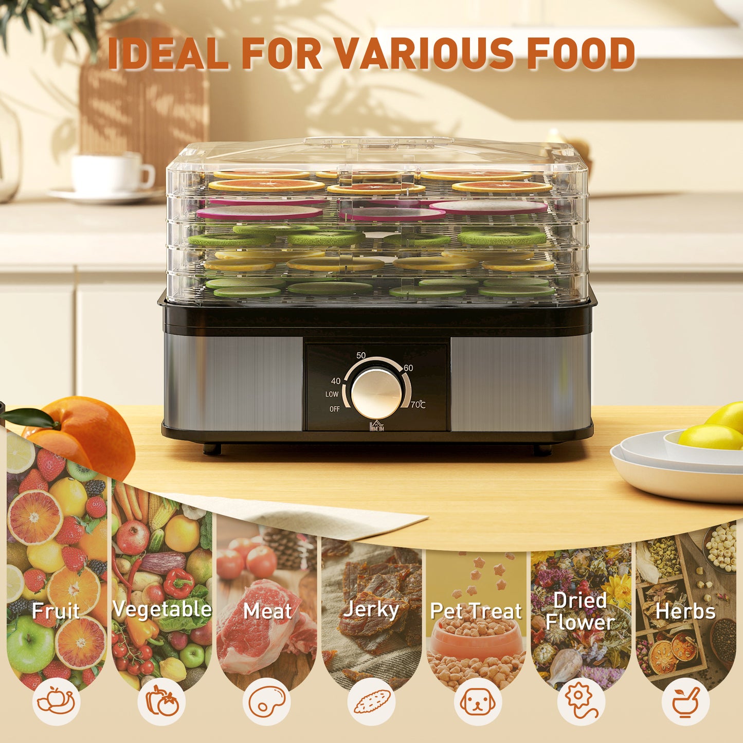 5 Tier Food Dehydrator, 245W Stainless Steel Food Dryer Machine with Adjustable Temperature for Drying Fruit, Meat