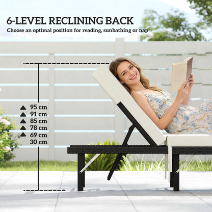 Single Folding Rattan Sun Lounger, with Cushion - Black