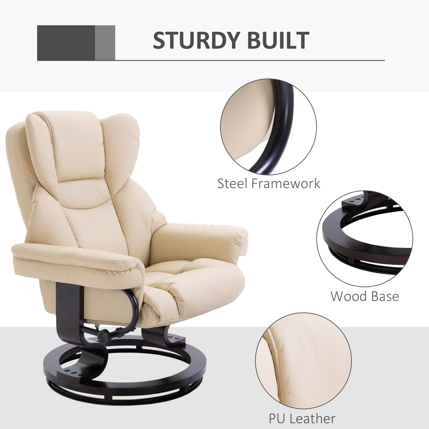 360° Swivel Recliner Chair with Footstool, PU Leather Manual Recliner Armchair with Footstool, Solid Wood Base
