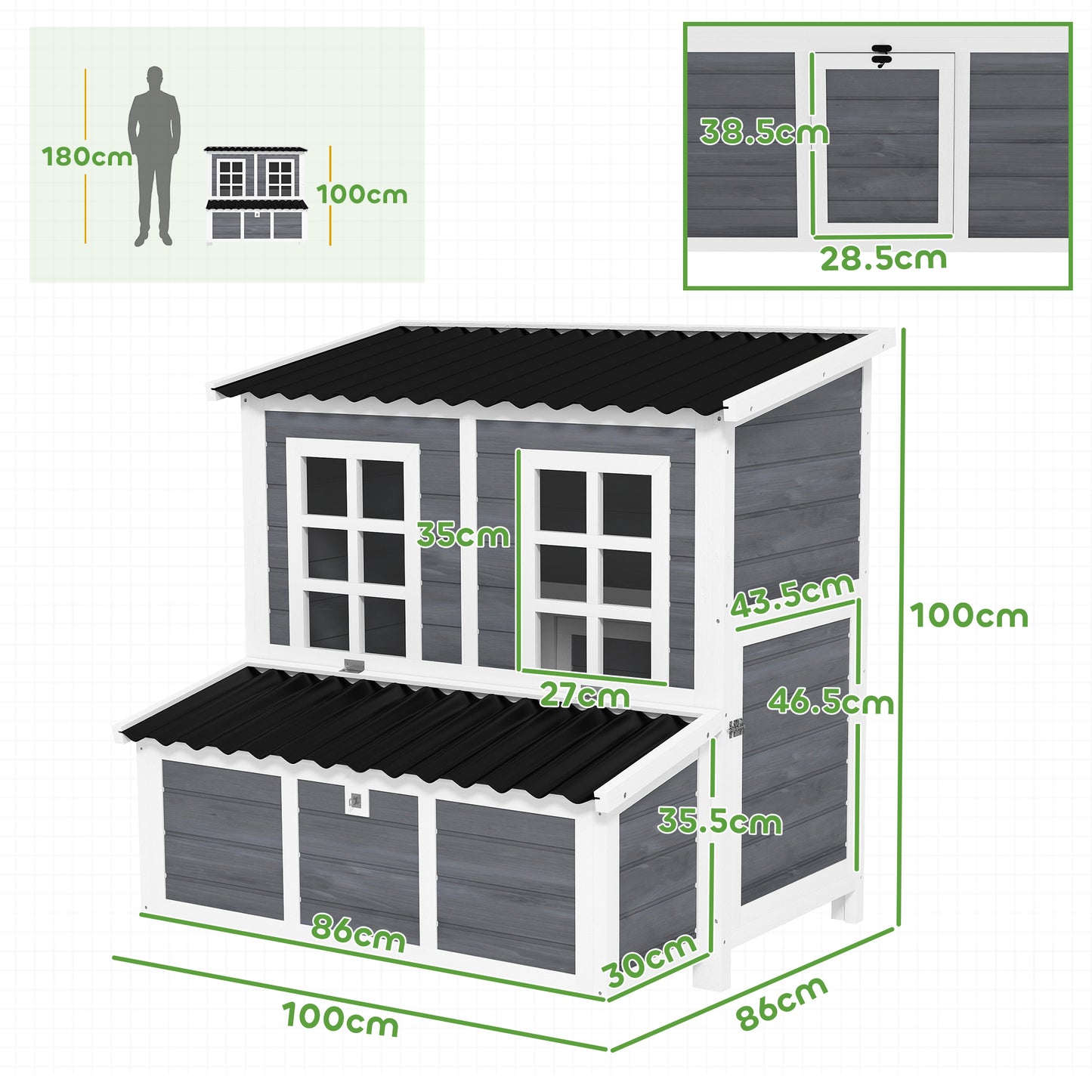 Wooden Chicken Coop with Nesting Box, Slide-Out Tray, Perches, for 2-4 Chickens, 100 x 86 x 100cm