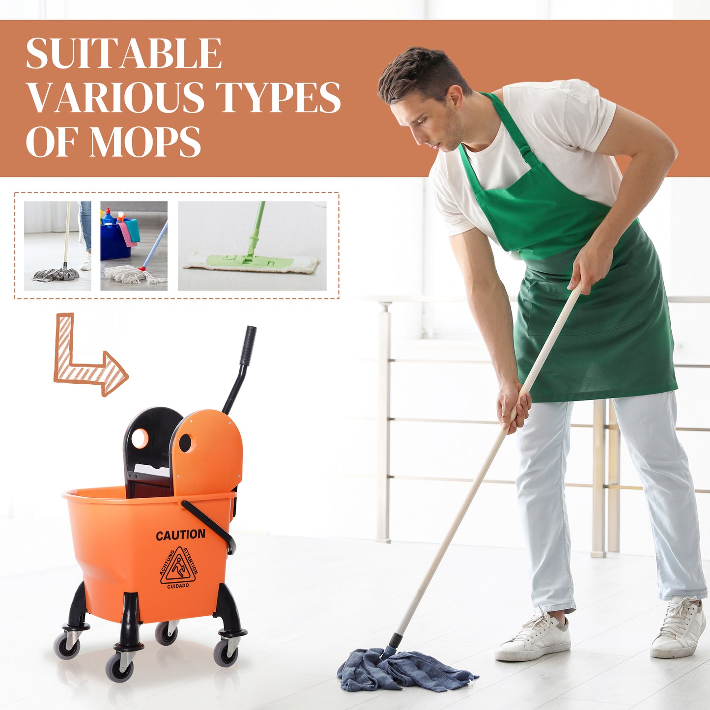 25L Mop Bucket, with Wringer, Wheels and Handle - Orange