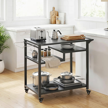 Outdoor Grill Cart, Three-Tier Pizza Oven Stand with Steel Tabletop, Hooks, Rubbish Bag Holder, Wheels, Black