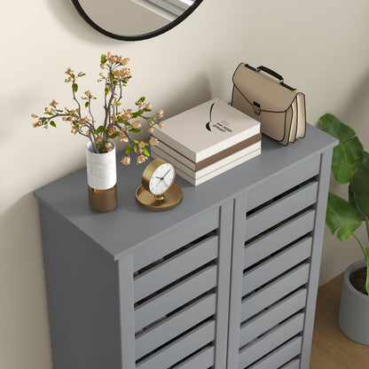 Narrow Shoe Cabinet for Entryway, 5-Tier Slim Shoe Storage Cabinet with 2 Slatted Doors and Adjustable Shelves Grey