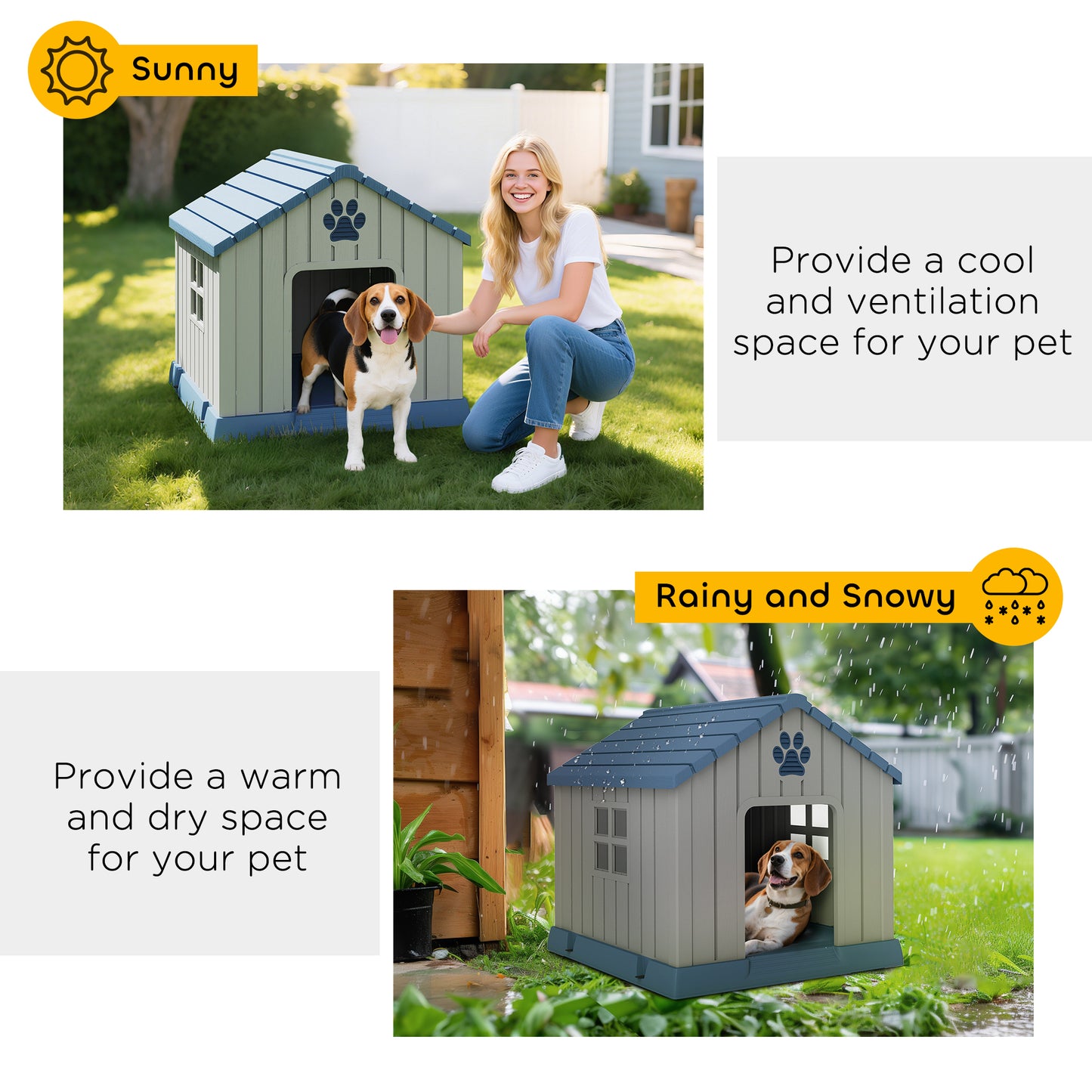 Dog Kennel Outdoor for Medium Dogs, Waterproof Plastic Dog House for Garden, Patio, 85 x 79 x 82 cm, Grey