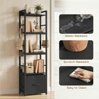 4-Tier Bookshelf, Narrow Bookcase with Drawer, 8 Hooks, Metal Frame, Black