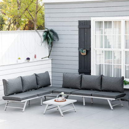 3 Pieces Garden Furniture Sets, 6 Seater Corner Sofa Set with Adjustable Backrest Chase Lounge with Slatted Metal Top Table
