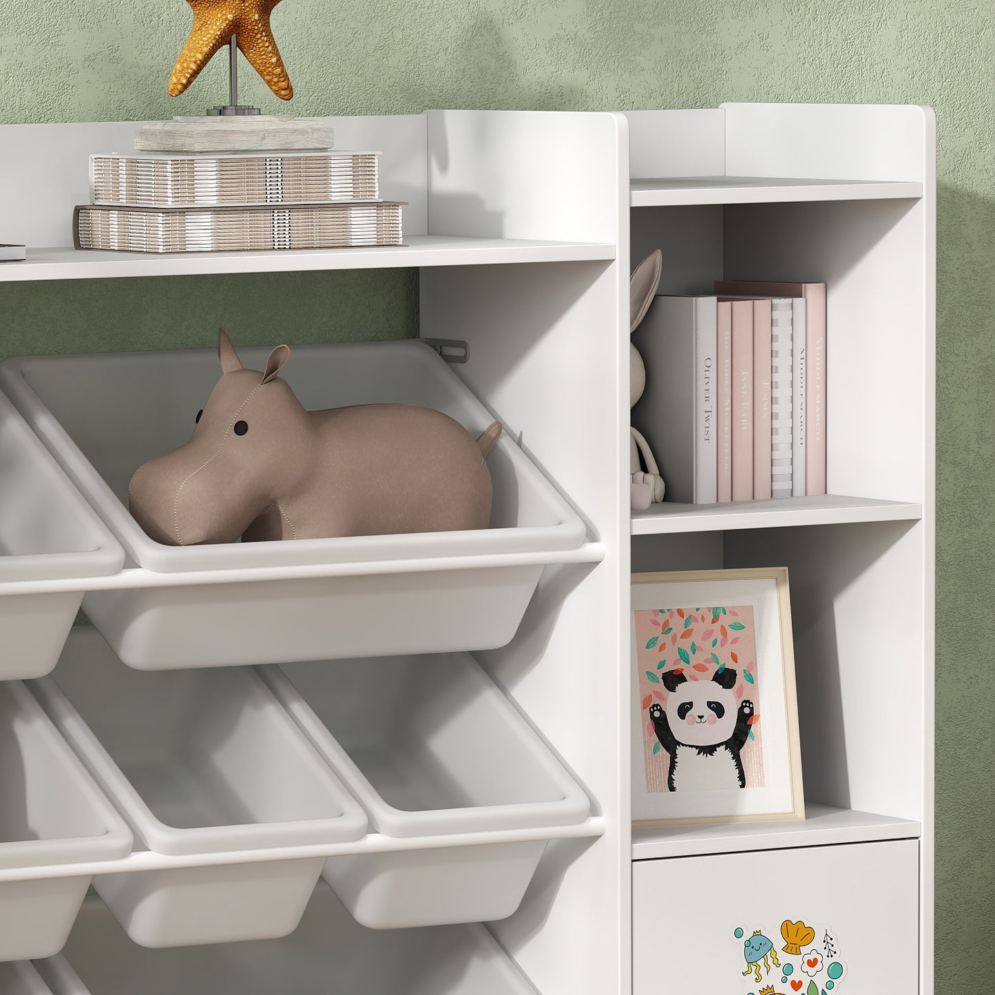 Kids Toy Organizers and Storage with 8 Removable Storage Bins and Bookshelf, White