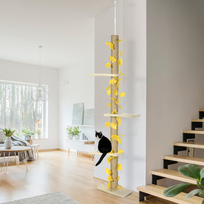 242cm Adjustable Floor-To-Ceiling Cat Tree, with Artificial Decoration, Perches, Anti-Slip Kit - Yellow