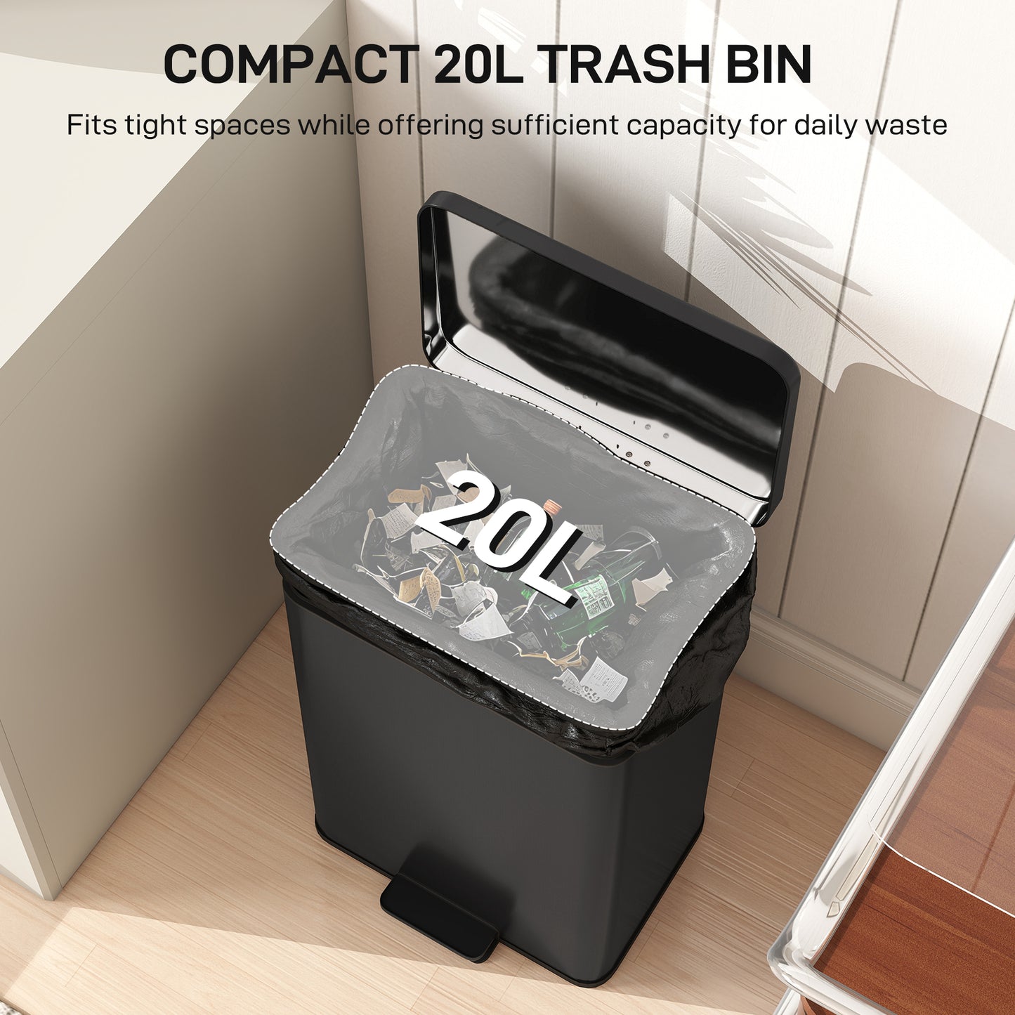 20L Kitchen Bin with Soft-Close Lid and Stay-Open Function