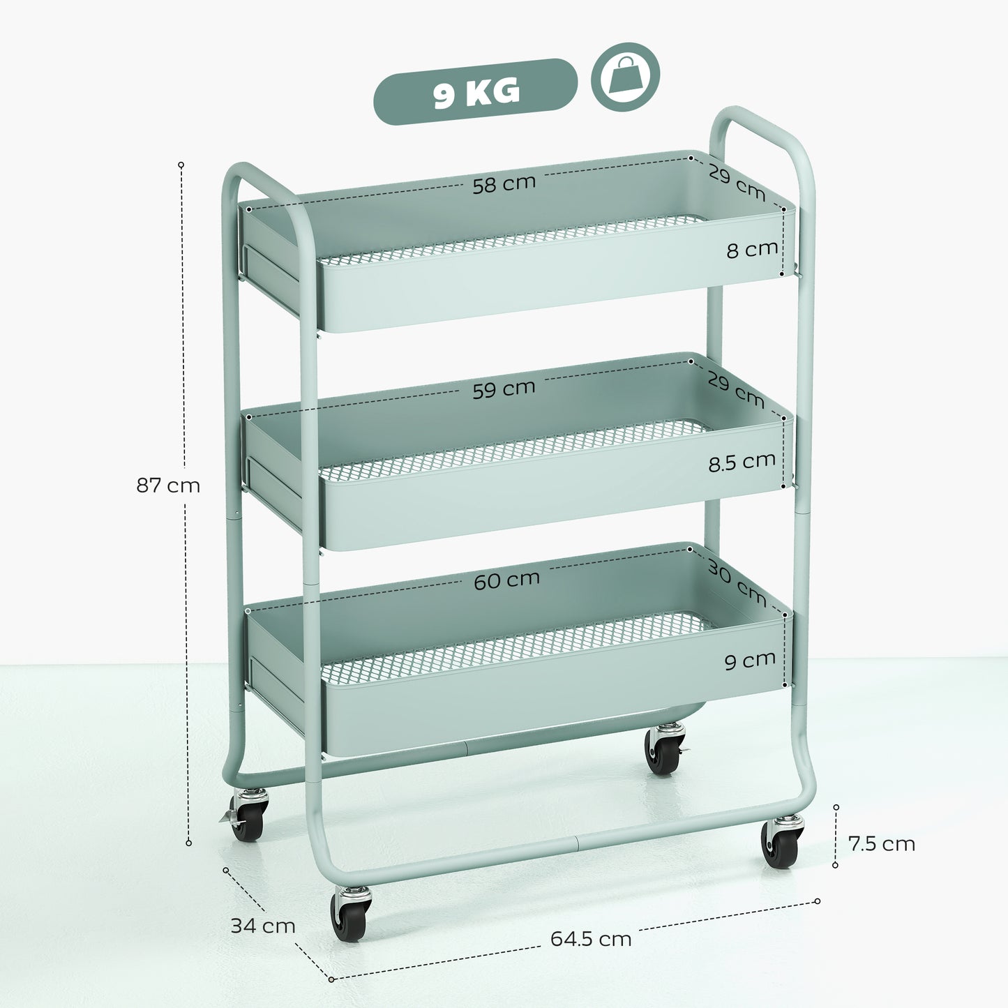 3-Tier Storage Trolley on Wheels, Rolling Utility Cart with Mesh Backets for Kitchen, Bathroom, Bedroom, Light Green