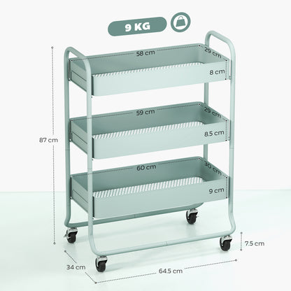 3-Tier Storage Trolley on Wheels, Rolling Utility Cart with Mesh Backets for Kitchen, Bathroom, Bedroom, Light Green