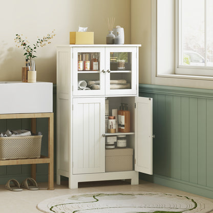 Bathroom Floor Cabinet, Freestanding Kitchen Cupboard with 2 Drawers, Adjustable Shelves and Tempered Glass Door