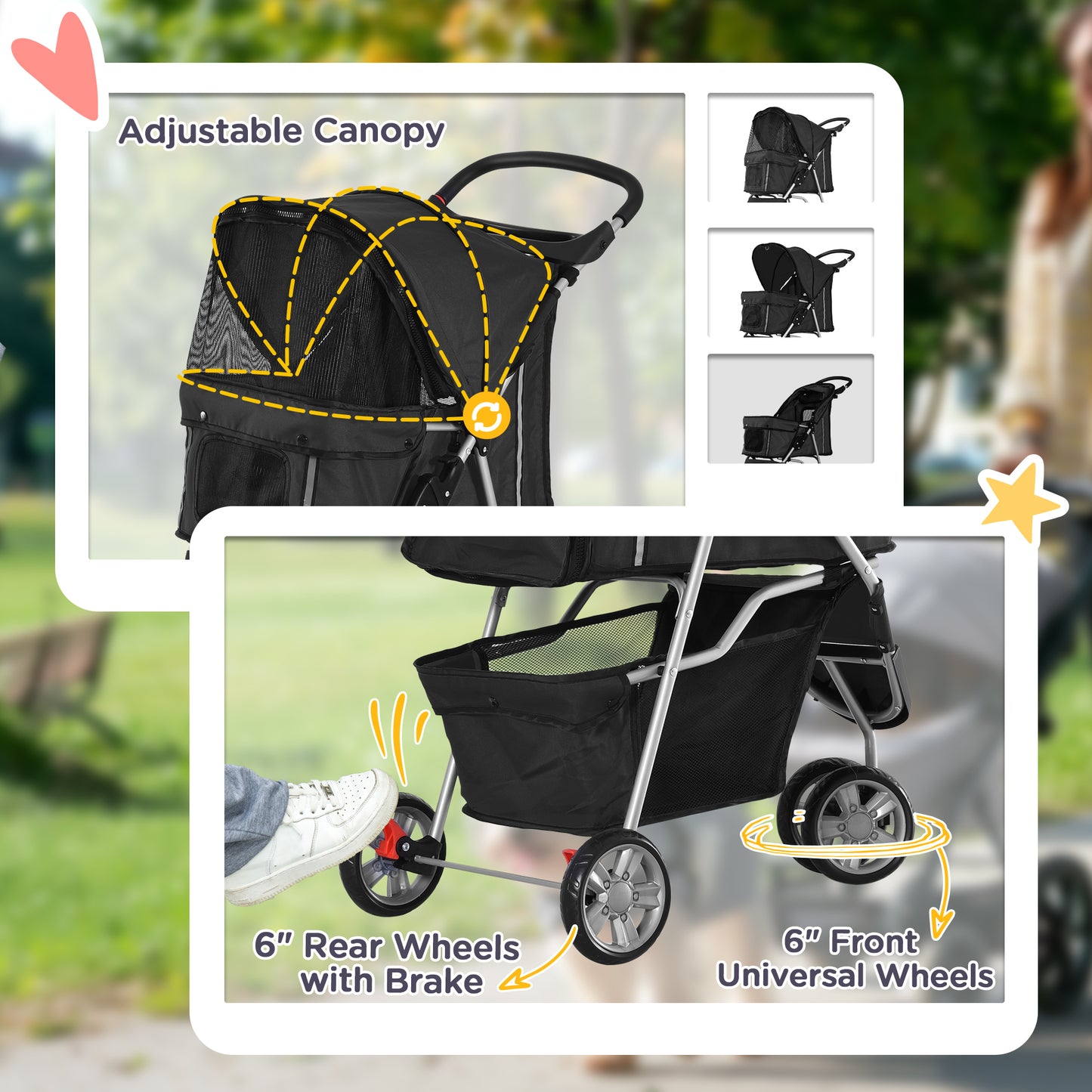3 Wheel Pet Stroller for Small and Miniature Dogs, Black
