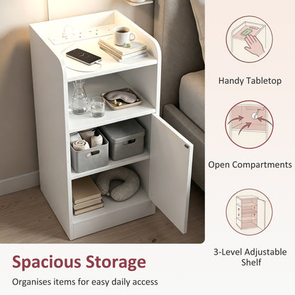 Slim Bedside Table Set of 2 with Charging Station, Narrow Bedside Cabinet with Adjustable Shelf, White