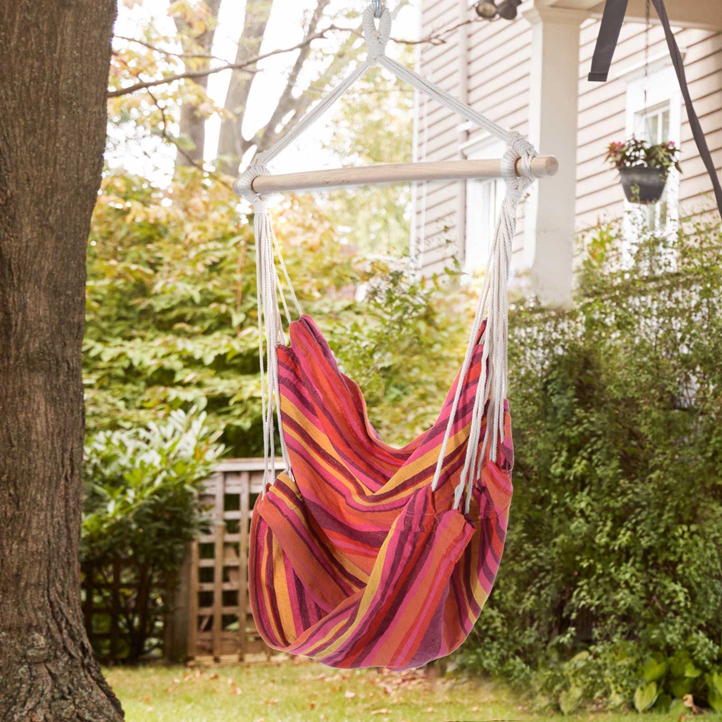 Outdoor Hanging Rope Chair with Cotton Rope, Garden Hammock Chair with Wooden Support Bar Cotton Cloth