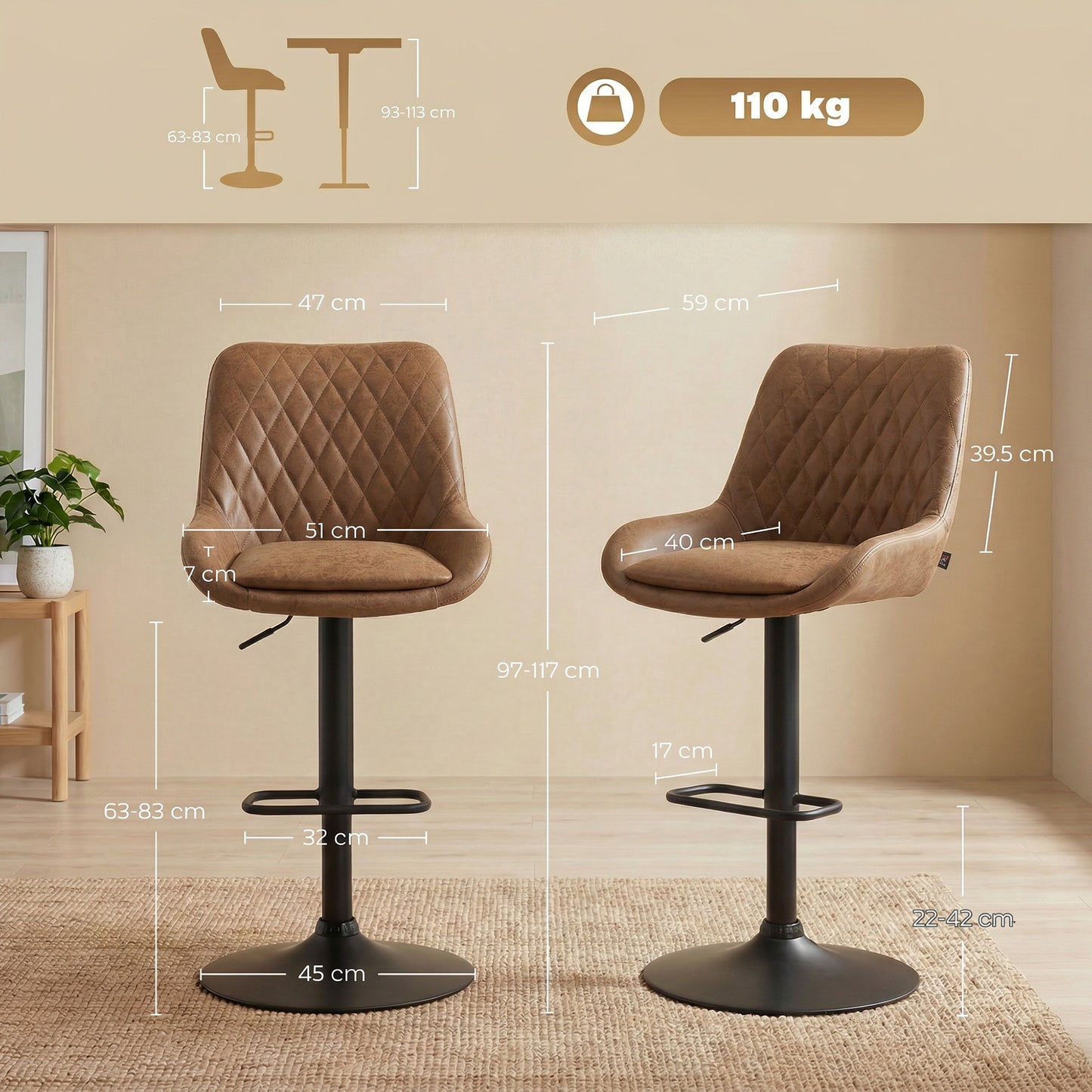 Set of Two Faux Leather Retro Bar Stools - Orange