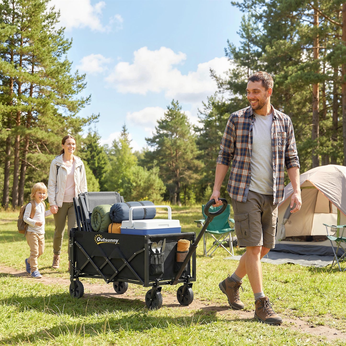 60L Foldable Festival Trolley on Wheels, Collapsible Wagon Cart with Drop-Down Tailgate, Adjustable Handle, Black