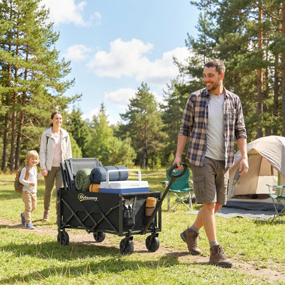 60L Foldable Festival Trolley on Wheels, Collapsible Wagon Cart with Drop-Down Tailgate, Adjustable Handle, Black