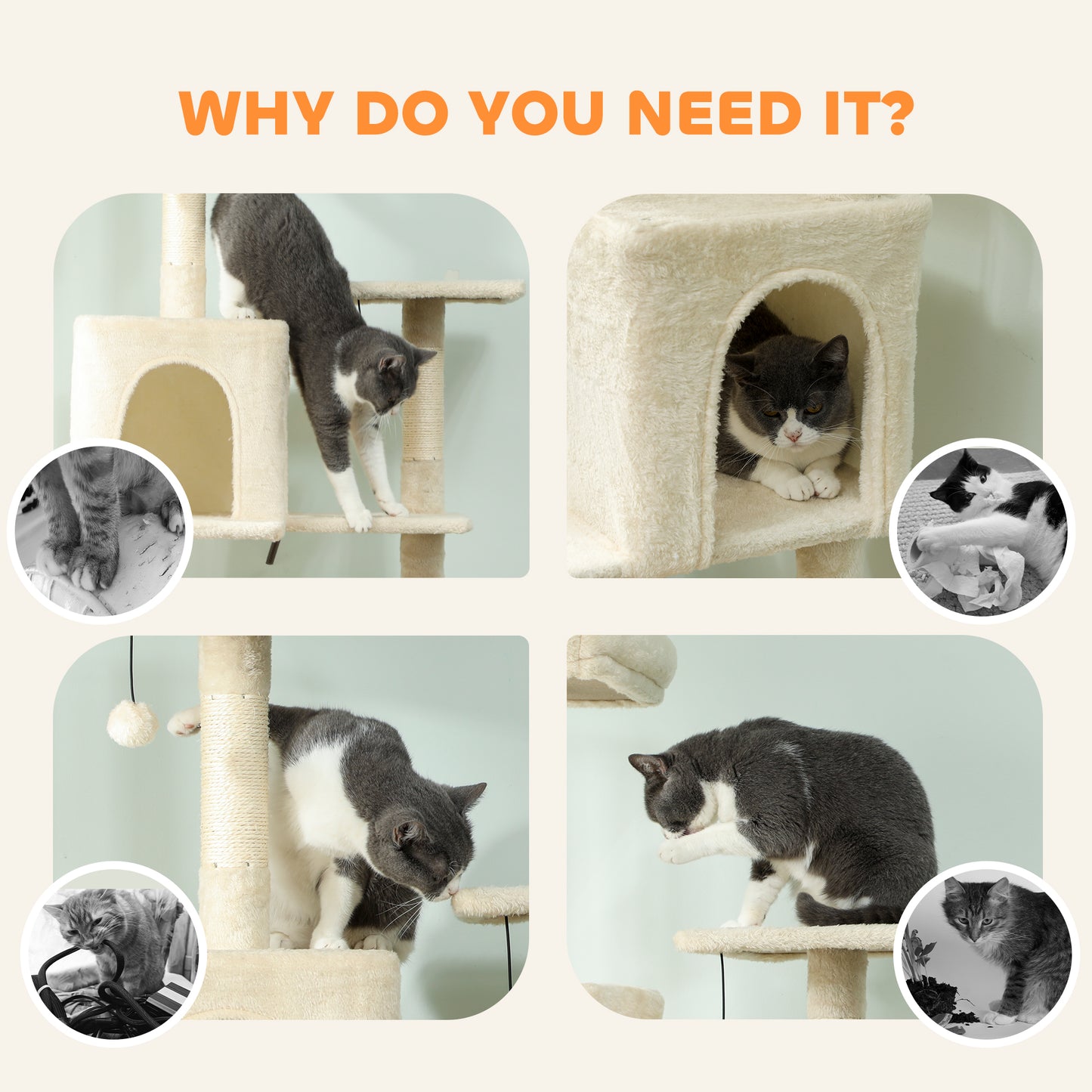 202cm Cat Tree with 6 Scratching Posts, 2 Hammocks, 2 Condos, 2 Perches, Pompoms, for Cats to Rest and Play, Beige