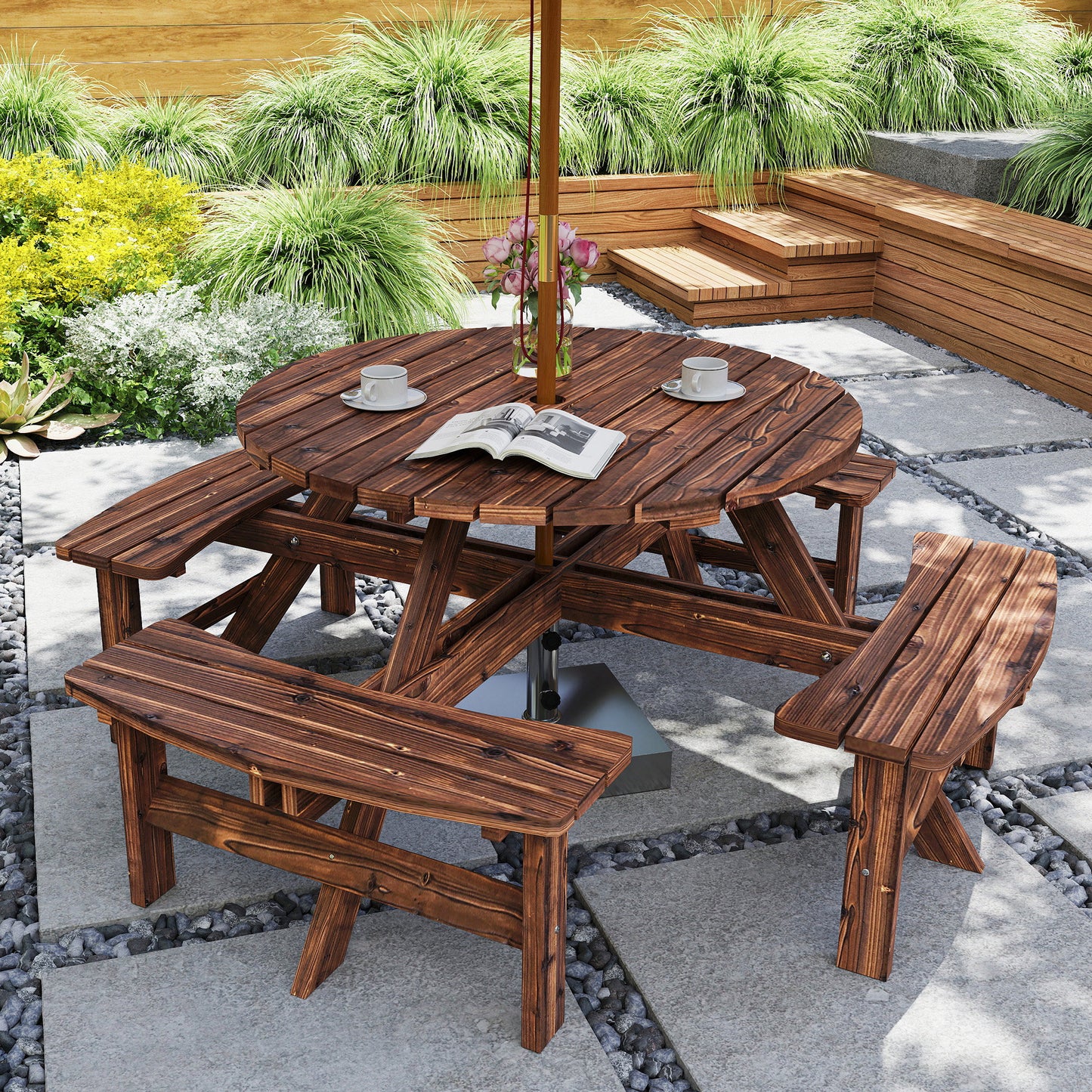 Wooden Garden Dining Set, 8 Seater Patio Furniture Set with Round Picnic Table, Parasol Hole for Outdoor Garden, Tan