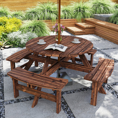 Wooden Garden Dining Set, 8 Seater Patio Furniture Set with Round Picnic Table, Parasol Hole for Outdoor Garden, Tan
