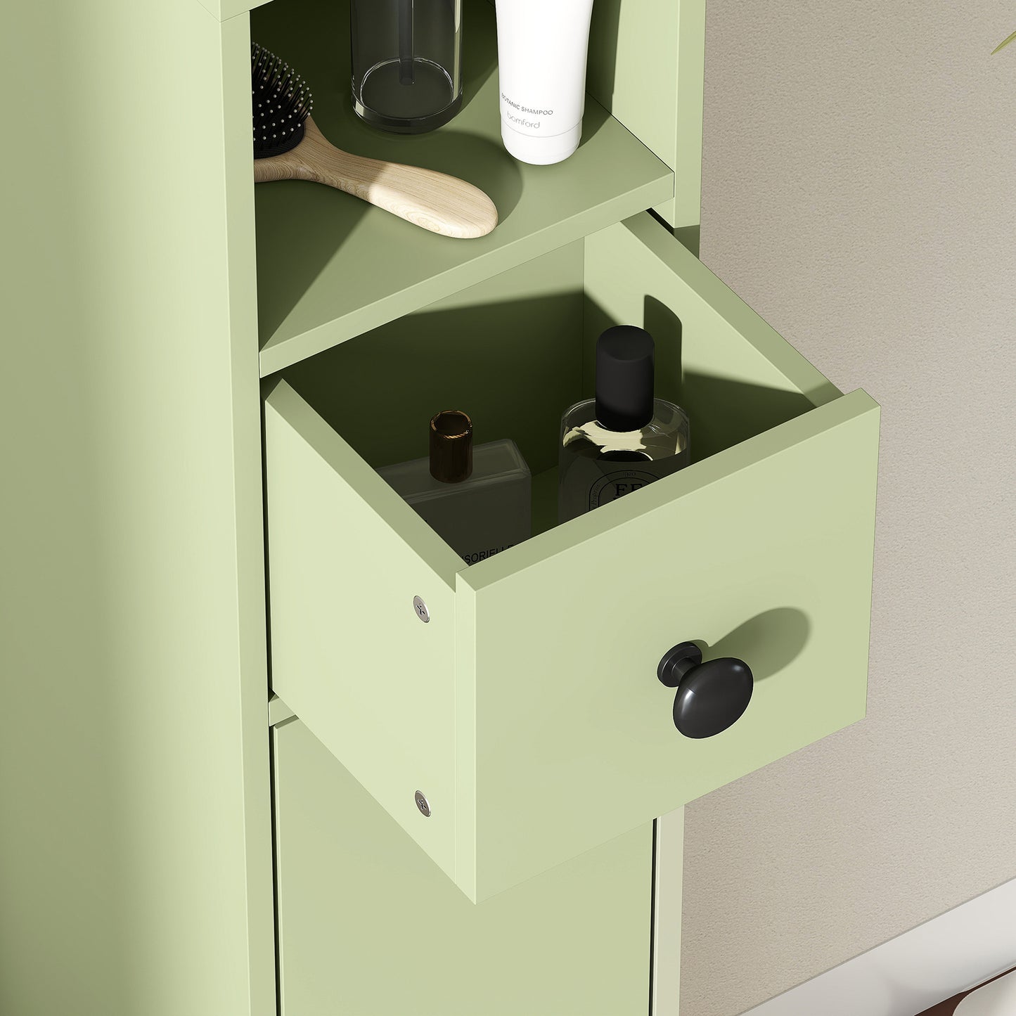 180cm Slim Bathroom Cabinet, with Drawer, Shelves and Cupboards - Green