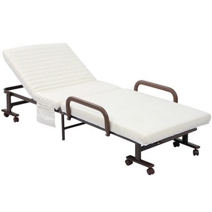 Folding Bed with Mattress, Single Guest Bed, Portable Fold Bed with Adjustable Backrest, White