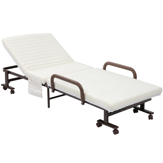 Folding Bed with Mattress, Single Guest Bed, Portable Fold Bed with Adjustable Backrest, White