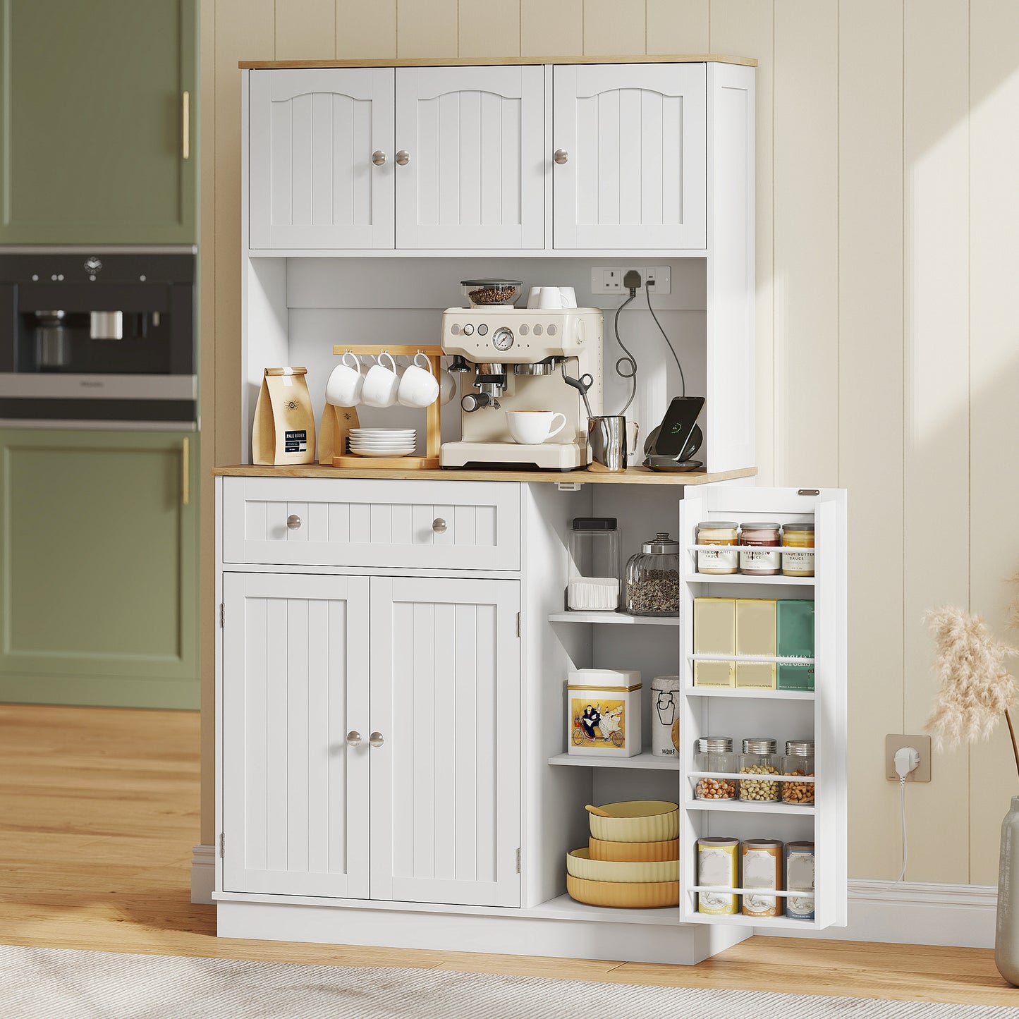 173 cm Tall Kitchen Cupboard with Charging Station, Pantry Storage Cabinet with Adjustable Shelves and 4 Door Racks