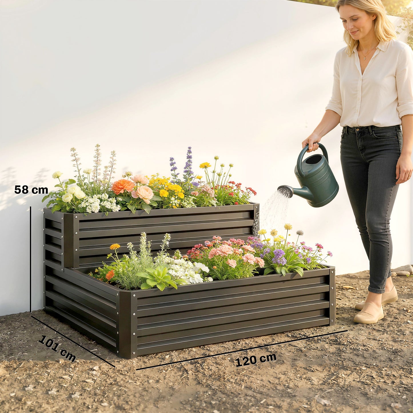 2 Tier Raised Garden Bed, Galvanised Planter Box with Open Bottom for Vegetables Flowers Herbs, 120x101x58cm, Dark Grey