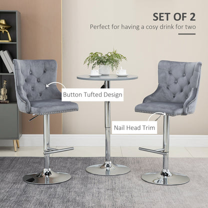 Bar Stools Set of 2, Modern Swivel & Adjustable Velvet Barstools with Button-Tufted Back, Footrest for Home Bar, Grey