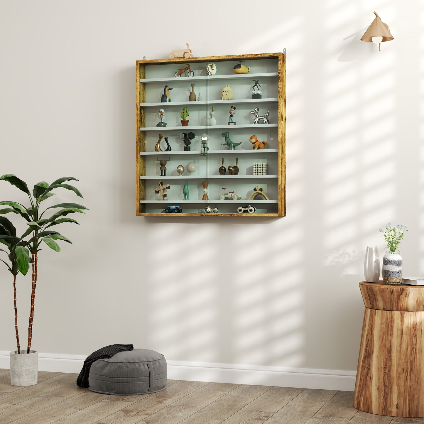 7-Tier Wall Display Shelf Unit Cabinet w/ 6 Adjustable Shelves Glass Doors Home Office Ornaments 83x80cm, Oak