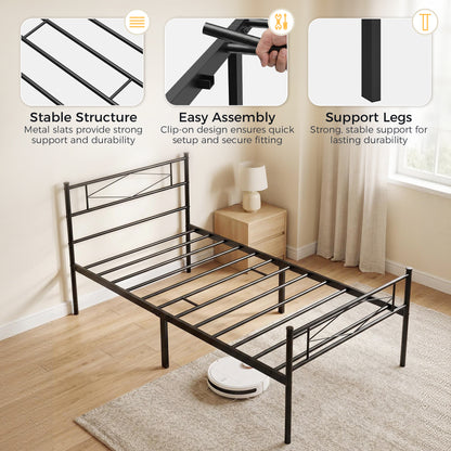 3ft Single Bed Frame with Headboard and Footboard, Metal Platform Bed Frame with 32 cm Underbed Storage, Black