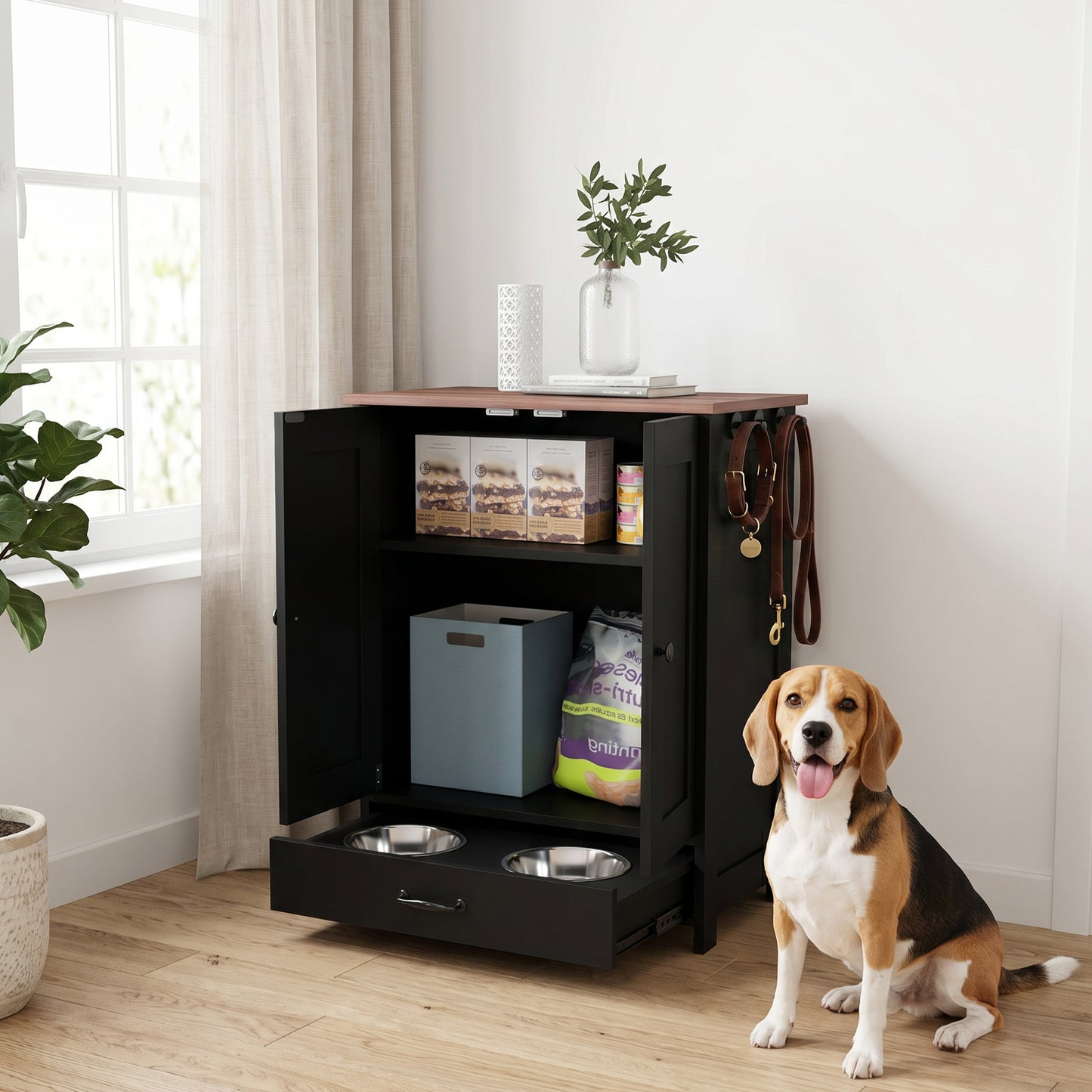 Pet Feeding Station with Raised Dog Bowls, Adjustable Panel, Hooks, Black