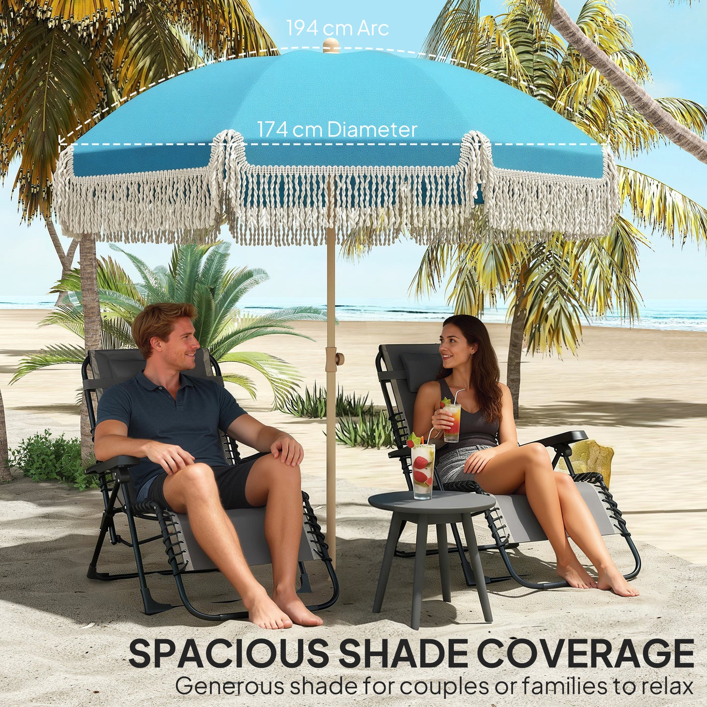 1.7 m Beach Umbrella with Sand Anchor, 30° Tilting Fringed Beach Garden Parasol with Adjustable Height, Grey