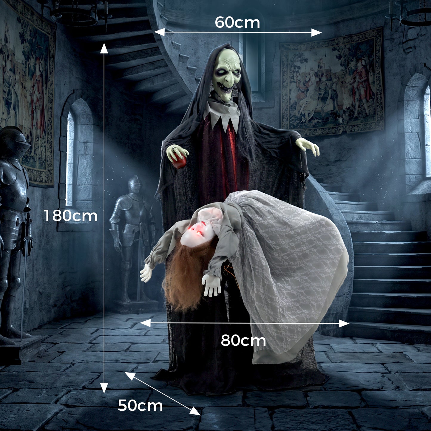 Halloween Animated Standing Witch with Floating Ghost Decoration with Rising and Falling Motion