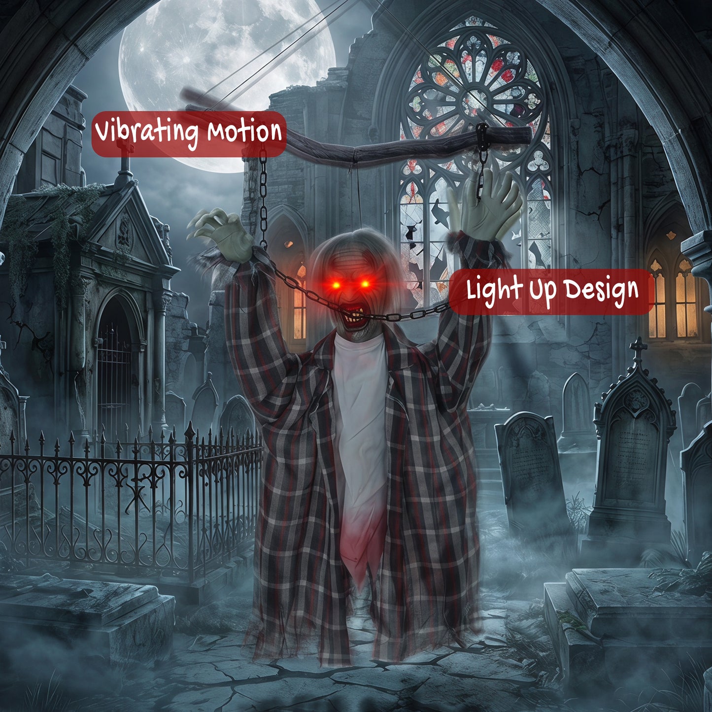 110cm Screaming Animated Hanging Halloween Decoration, Sound Touch Activated Zombie Decor with Glowing Red Eyes