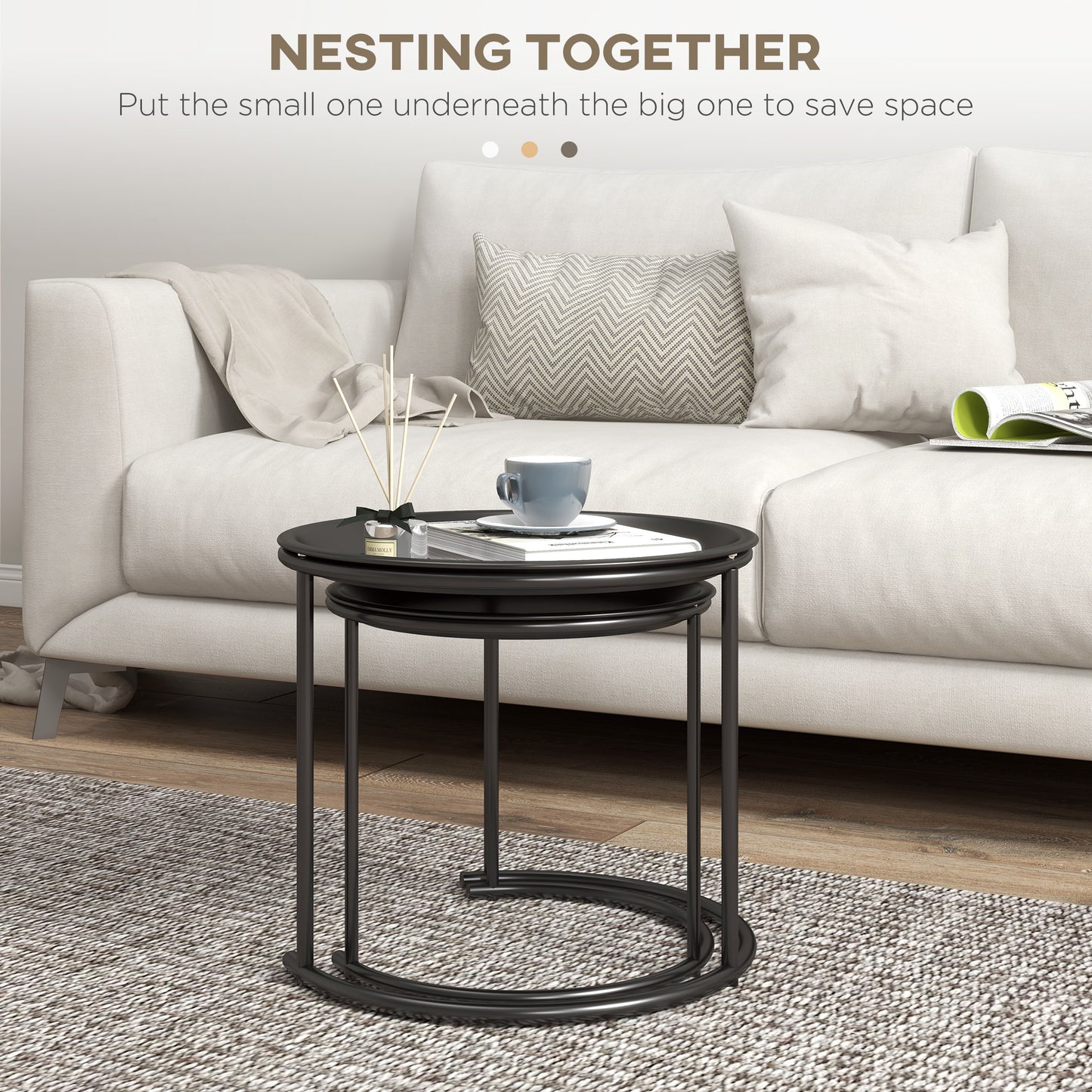 Nesting Tables Set of 2, Side End Table with Removable Tabletop Tray and Steel Frame for Living Room, Bedroom, Black