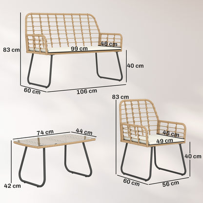 4 Piece Rattan Garden Furniture Set, Outdoor Patio Furniture with Loveseat, Armchairs and Coffee Table