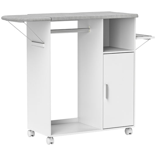 Rolling Ironing Board Cabinet, Foldable Ironing Station with Storage, Wheels for Home, Laundry Room, White