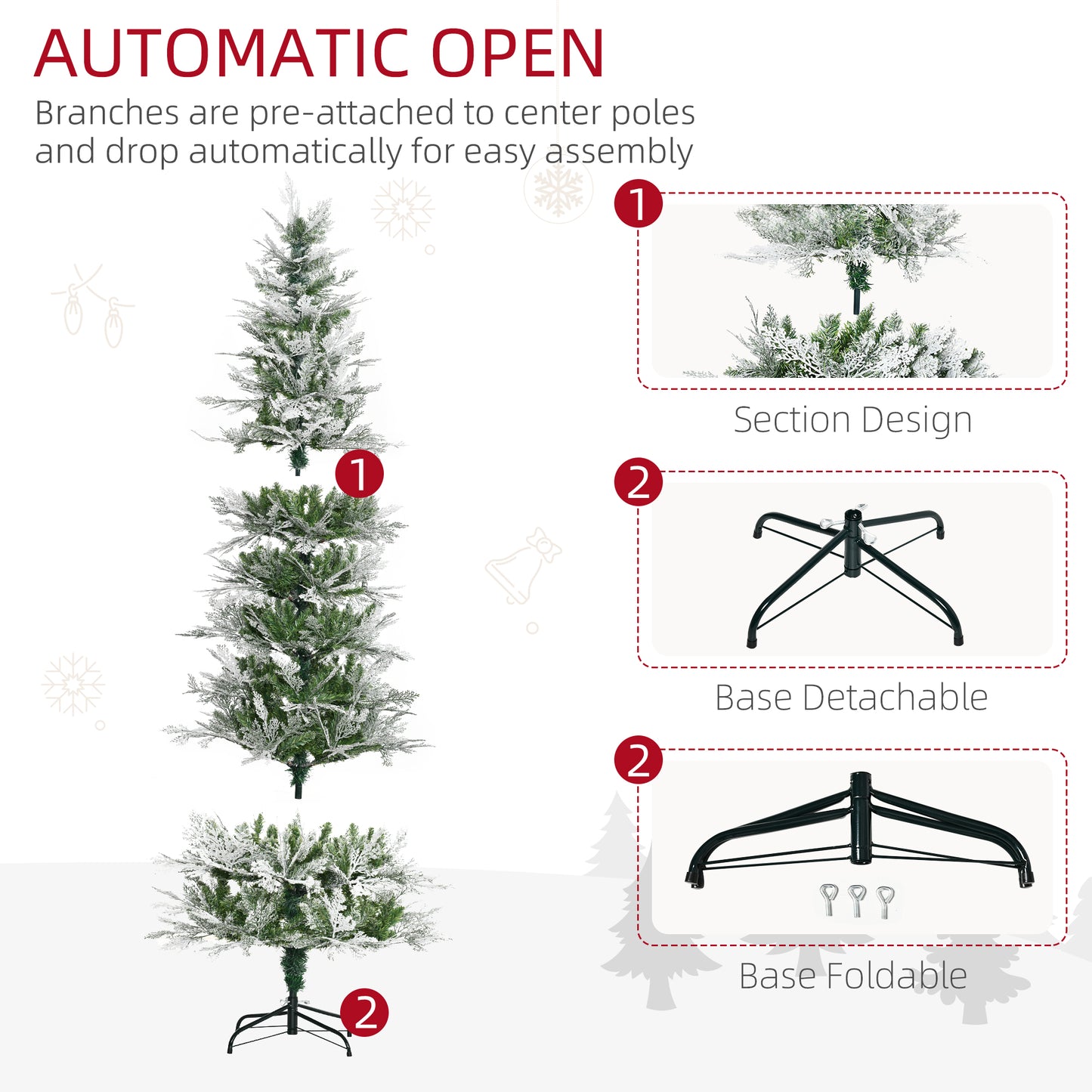 7 Ft Pencil Snow Flocked Artificial Christmas Tree with Realistic Cypress Branches, Auto Open, Green