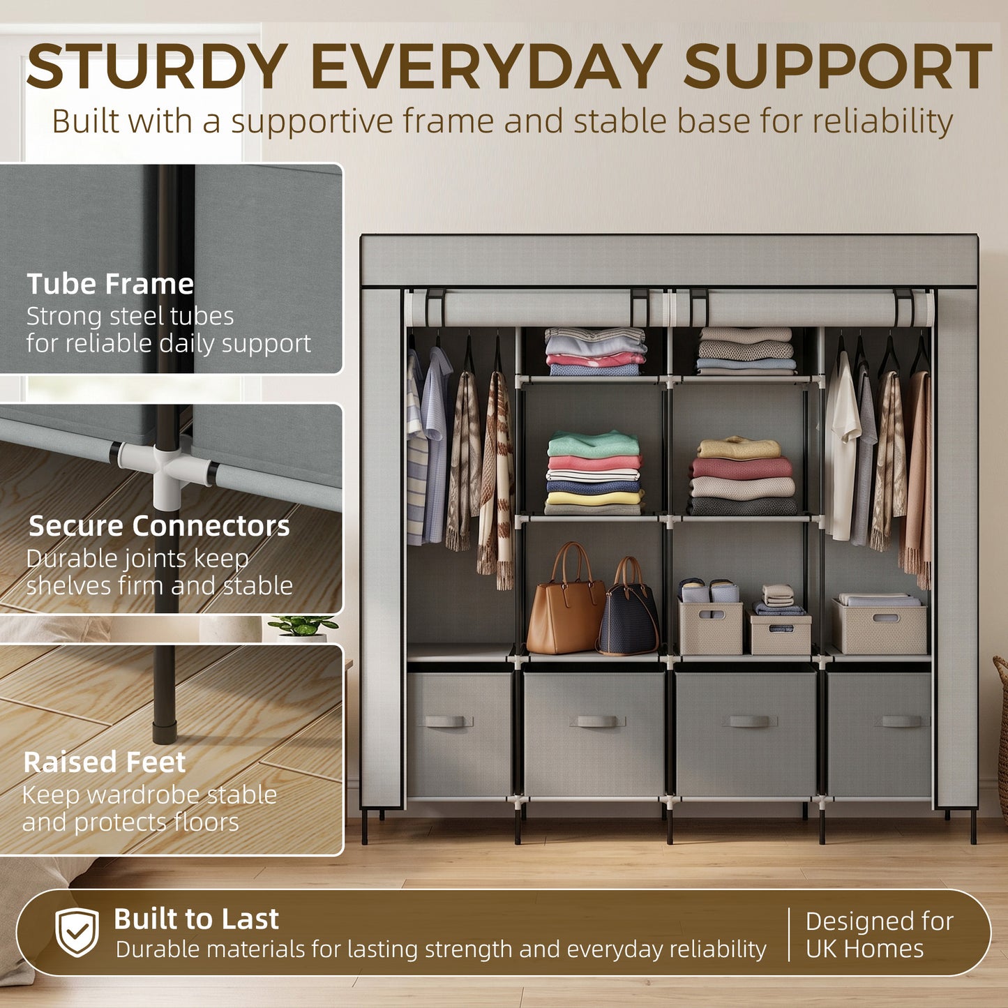 Fabric Wardrobe for Bedroom, Portable Cloth Wardrobe with 10 Compartments, 2 Hanging Rails and 4 Fabric Drawers
