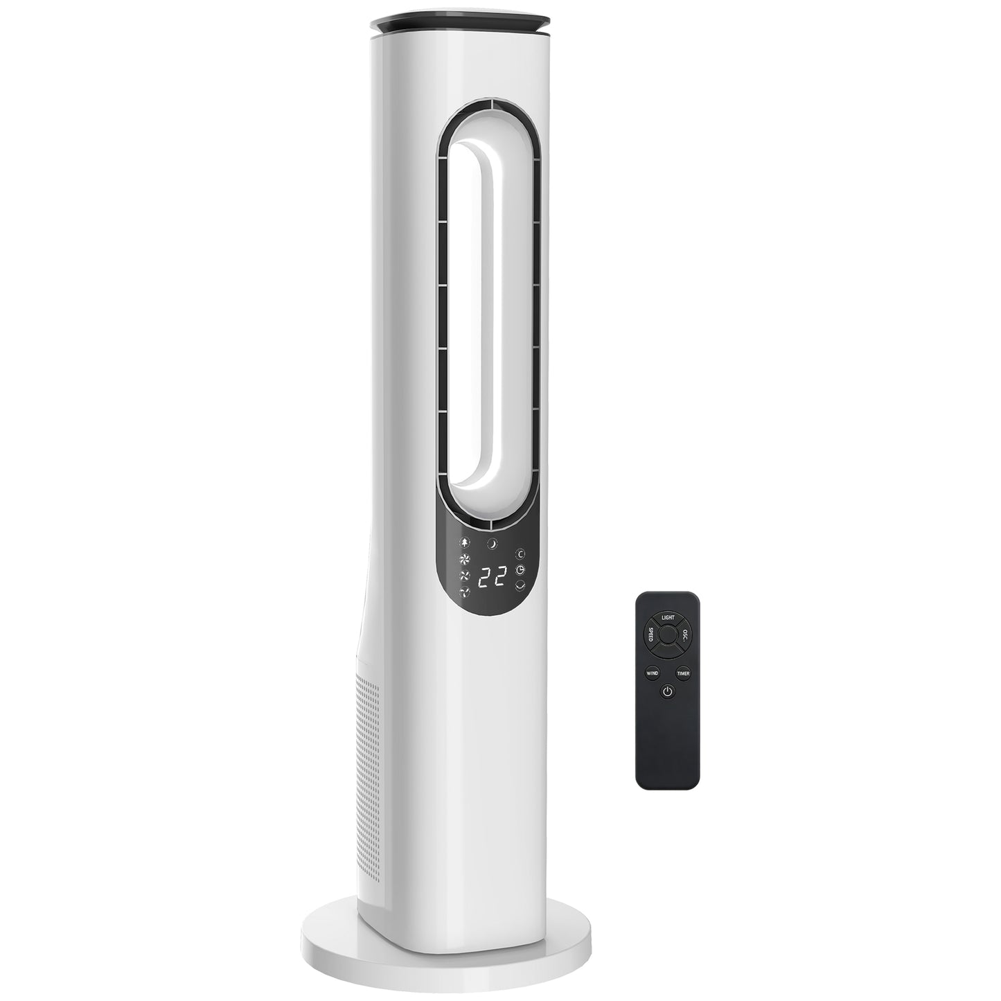 Bladeless Tower Fan for Bedroom, 35dB Standing Cooling Fan with Oscillating, LED Lights, 3 Speeds, 15H Timer, White