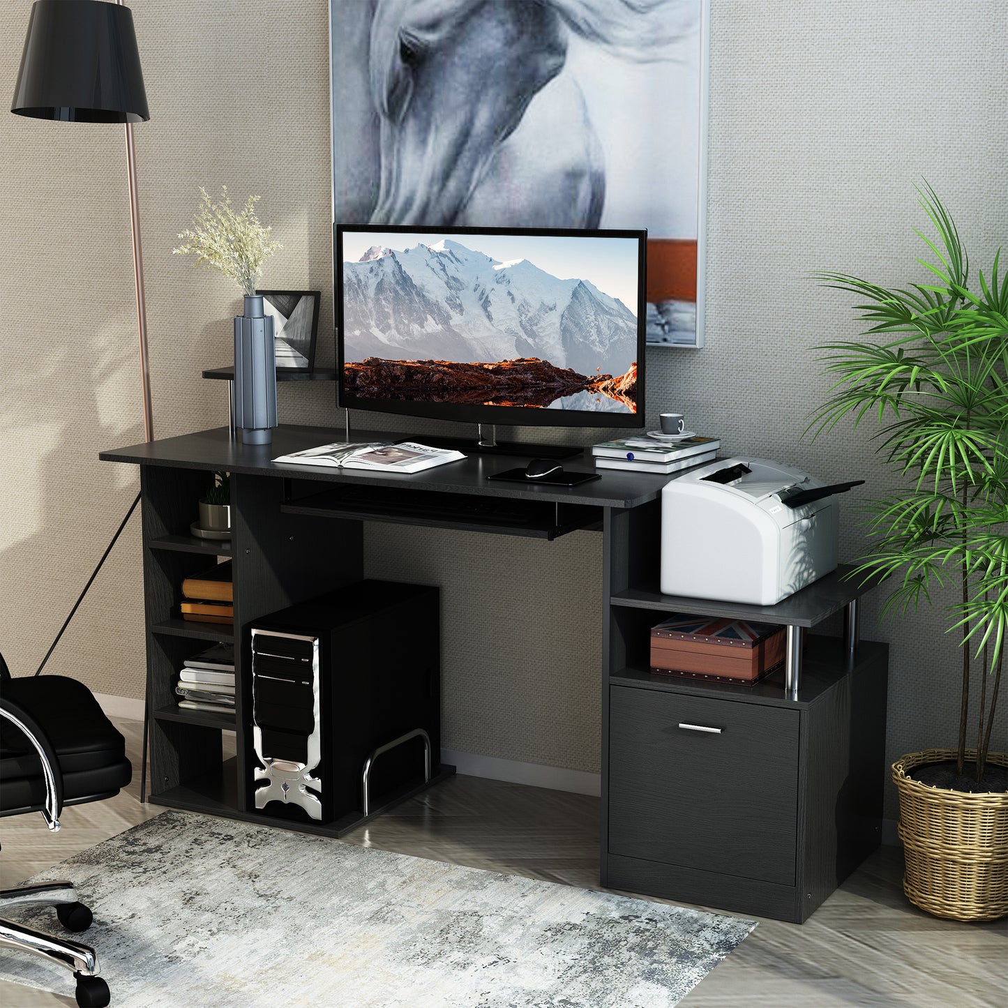 Computer Desk PC Workstation with Drawer Shelves CPU Storage Rack Home Office Furniture 152 x 60 x 88cm (BLACK)