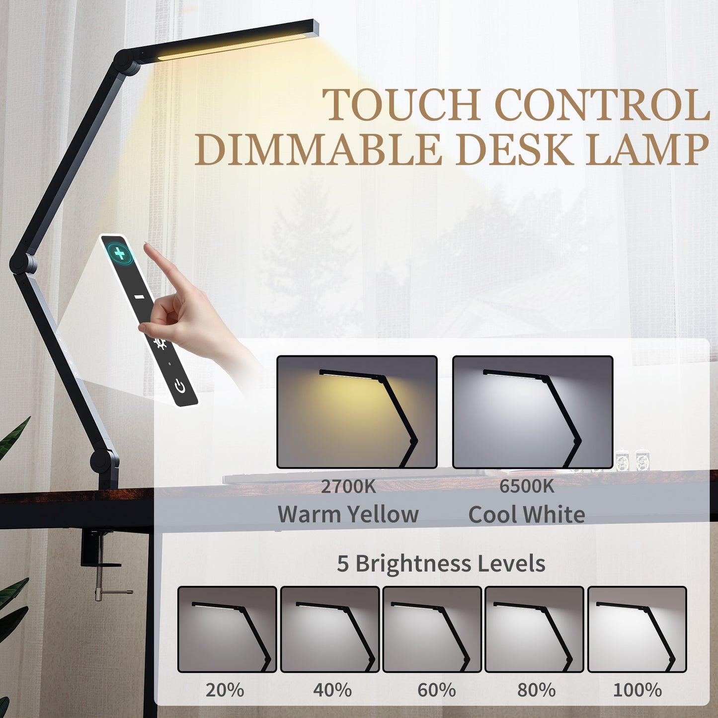 LED Desk Lamp, Dimmable Desk Light with Swing Arm and Clamp