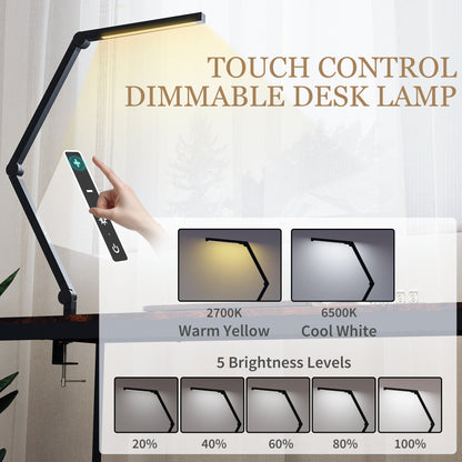 LED Desk Lamp, Dimmable Desk Light with Swing Arm and Clamp