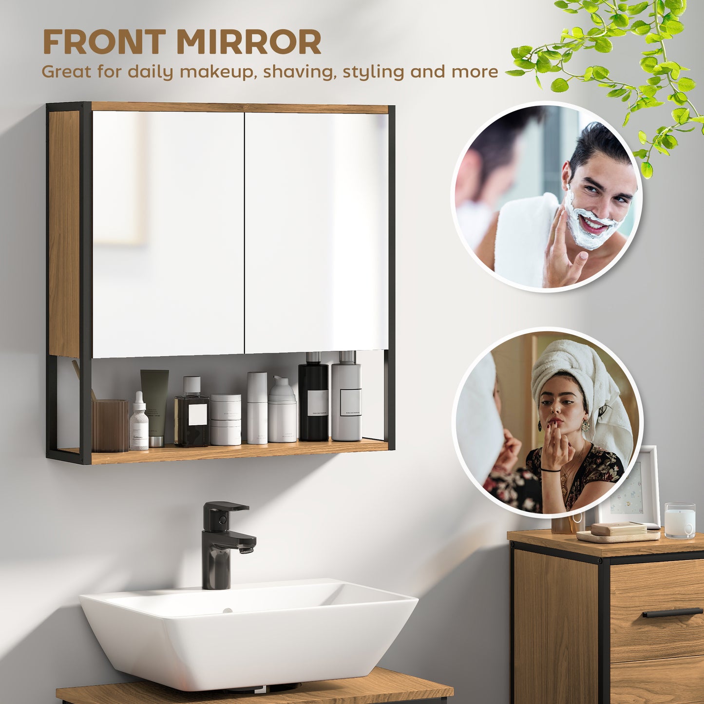 Bathroom Mirror Cabinet with Soft-Close Doors and Adjustable Shelf - Natural Wood Finish