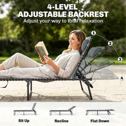 Folding Sun Lounger, with Four-Position Back - Light Grey