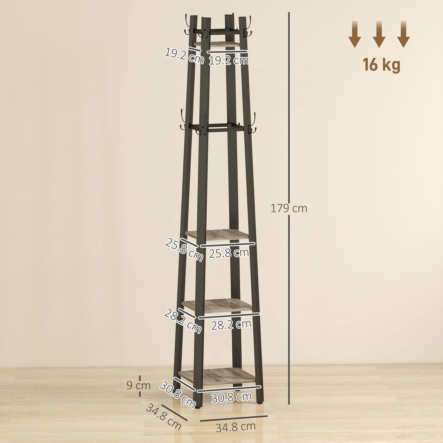 Industrial-Style Four Shelf Coat Stand - Grey/Black