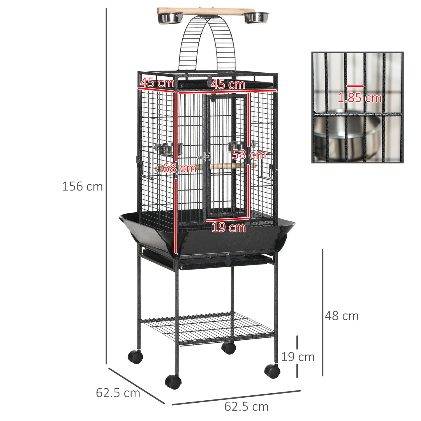 156cm Bird Cage,Large Parrot Cage with Open Play Top, Perch, Seed Guard, Wheels, Storage Shelf, Dark Grey